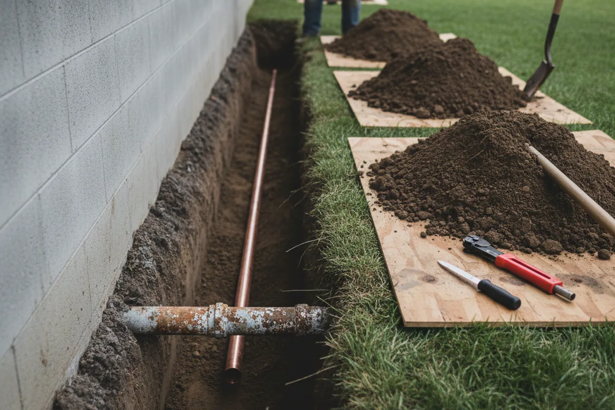 Excavated water line trench during Water Heater Repair in Carbon Hill